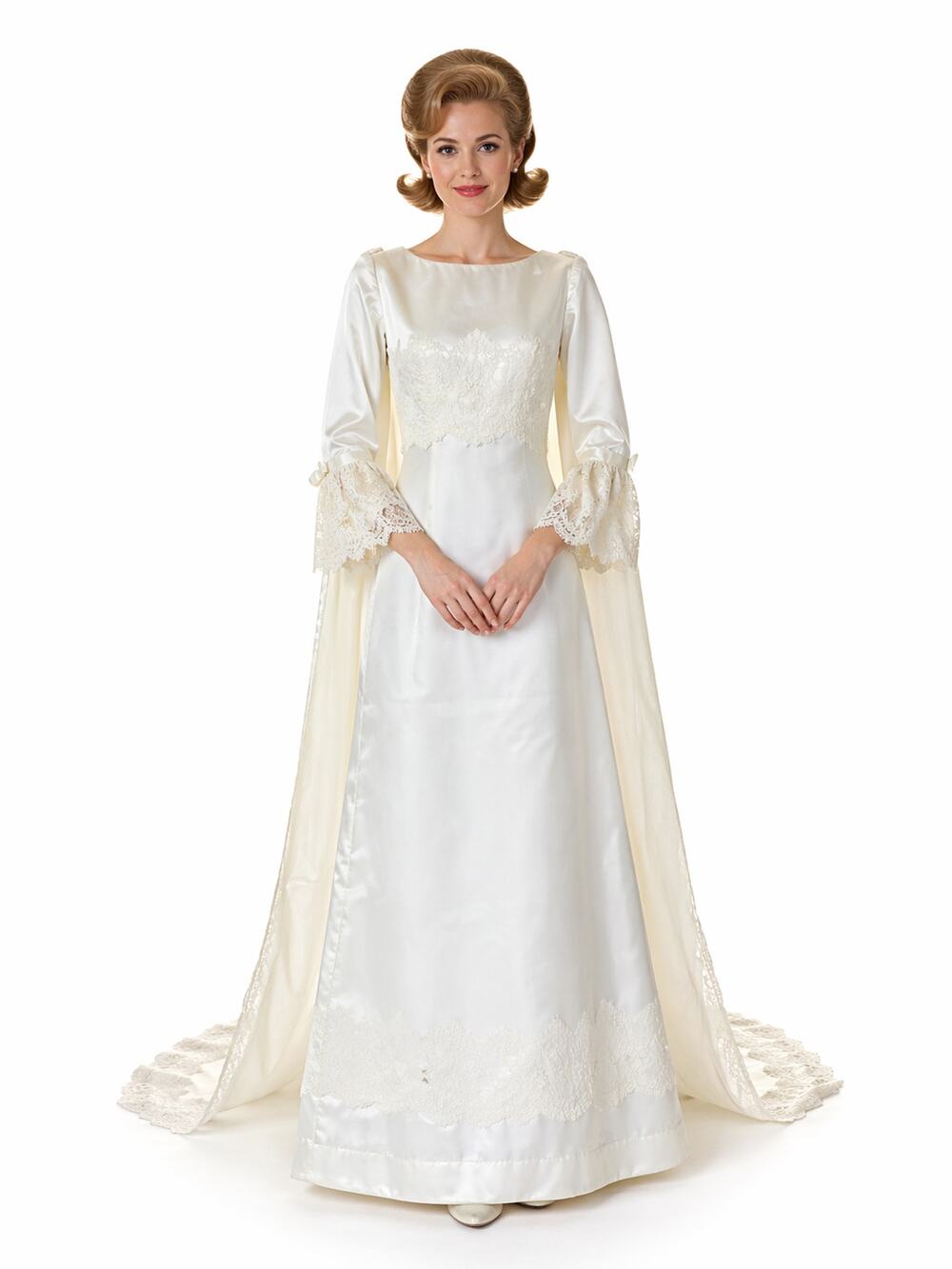 Vintage 1960s Women's XS Alfred Angelo Satin Lace Wedding Dress w Train